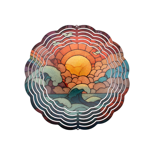 Decorative wall art with sunset and wave design on a white background